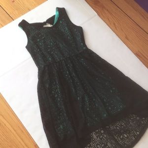 High low black lace dress with blue underlay